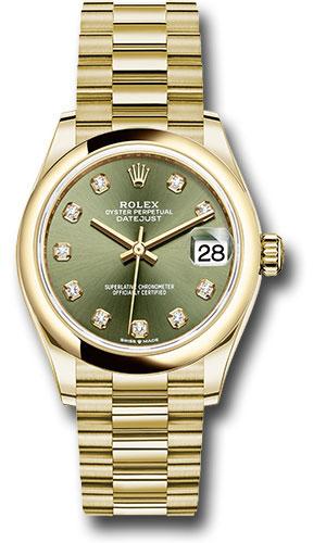 Rolex Yellow Gold Datejust 31 Watch - Domed Bezel - Olive Green Diamond Dial - President Bracelet - 278248