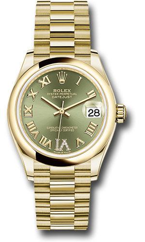 Rolex Yellow Gold Datejust 31 Watch - Domed Bezel - Olive Green Diamond Six Dial - President Bracelet - 278248