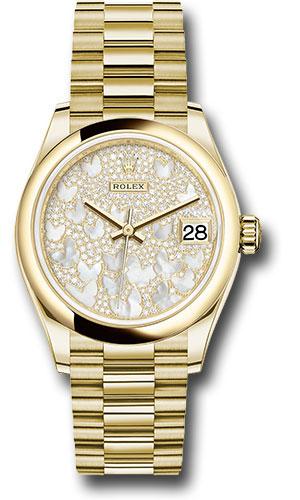 Rolex Yellow Gold Datejust 31 Watch - Domed Bezel - Paved Mother-of-Pearl Butterfly Dial - President Bracelet - 278248