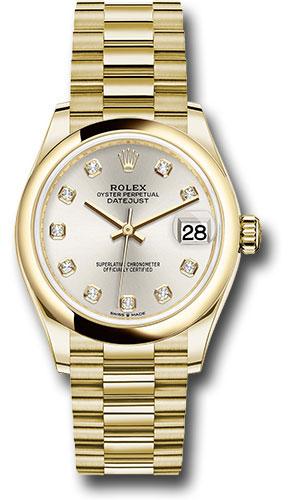 Rolex Yellow Gold Datejust 31 Watch - Domed Bezel - Silver Diamond Dial - President Bracelet - 278248