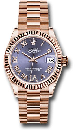 Rolex Everose Gold Datejust 31 Watch - Fluted Bezel - Aubergine Diamond Six Dial - President Bracelet - 278275