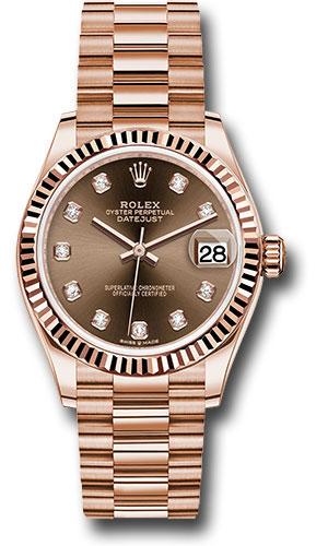 Rolex Everose Gold Datejust 31 Watch - Fluted Bezel - Chocolate Diamond Dial - President Bracelet - 278275