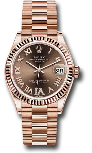Rolex Everose Gold Datejust 31 Watch - Fluted Bezel - Chocolate Diamond Six Dial - President Bracelet - 278275