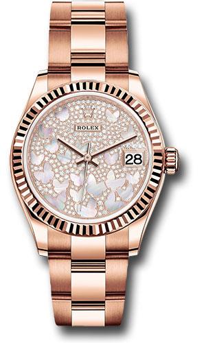 Rolex Everose Gold Datejust 31 Watch - Fluted Bezel - Diamond Paved Butterfly Dial - Oyster Bracelet - 278275