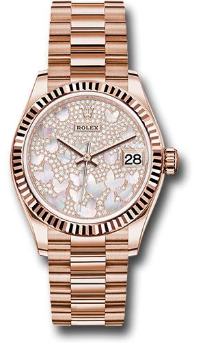 Rolex Everose Gold Datejust 31 Watch - Fluted Bezel - Diamond Paved Butterfly Dial - President Bracelet - 278275