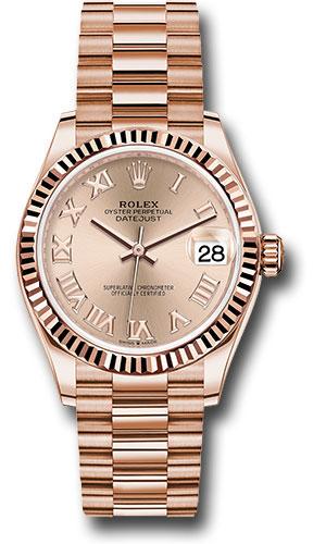 Rolex Everose Gold Datejust 31 Watch - Fluted Bezel - Rose Roman Dial - President Bracelet - 278275
