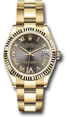 Rolex Yellow Gold Datejust 31 Watch - Fluted Bezel - Dark Grey Diamond Six Dial - Oyster Bracelet - 278278
