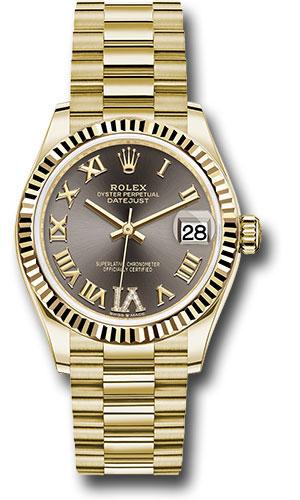 Rolex Yellow Gold Datejust 31 Watch - Fluted Bezel - Dark Grey Diamond Six Dial - President Bracelet - 278278