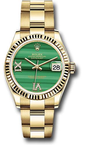 Rolex Yellow Gold Datejust 31 Watch - Fluted Bezel - Malachite Diamond Six and Nine Dial - Oyster Bracelet - 278278