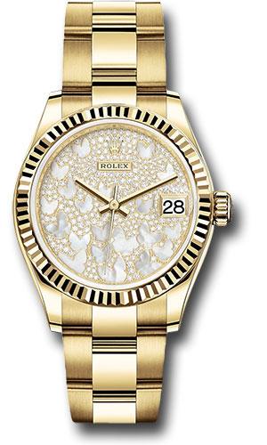 Rolex Yellow Gold Datejust 31 Watch - Fluted Bezel - Paved Mother-of-Pearl Butterfly Dial - Oyster Bracelet - 278278