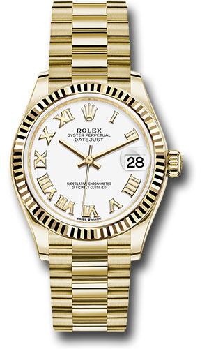 Rolex Yellow Gold Datejust 31 Watch - Fluted Bezel - White Roman Dial - President Bracelet - 278278