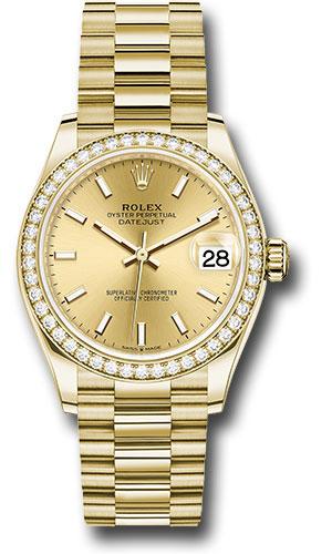 Rolex Yellow Gold Datejust 31 Watch - Diamond Bezel - Champagne Index Dial - President Bracelet - 278288RBR