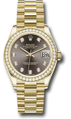 Rolex Yellow Gold Datejust 31 Watch - Diamond Bezel - Dark Grey Diamond Dial - President Bracelet - 278288RBR