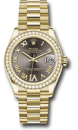 Rolex Yellow Gold Datejust 31 Watch - Diamond Bezel - Dark Grey Diamond Six Dial - President Bracelet - 278288RBR