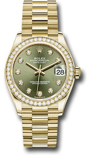 Rolex Yellow Gold Datejust 31 Watch - Diamond Bezel - Olive Green Diamond Dial - President Bracelet - 278288RBR