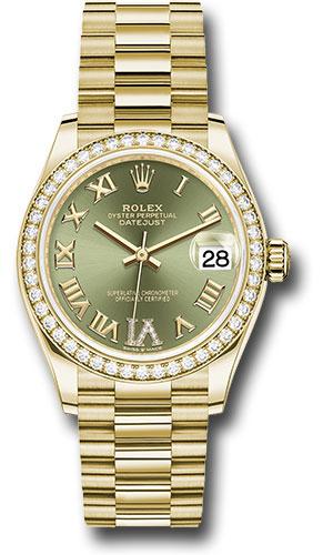 Rolex Yellow Gold Datejust 31 Watch - Diamond Bezel - Olive Green Diamond Six Dial - President Bracelet - 278288RBR