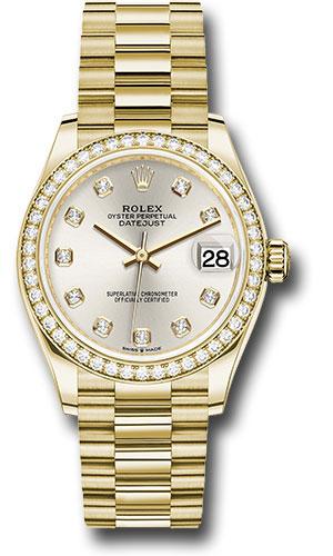 Rolex Yellow Gold Datejust 31 Watch - Diamond Bezel - Silver Diamond Dial - President Bracelet - 278288RBR