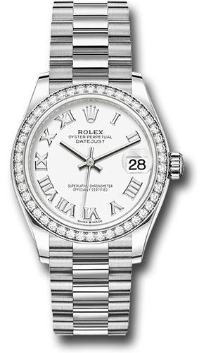 Rolex White Gold Datejust 31 Watch - Diamond Bezel - White Roman Dial - President Bracelet - 278289RBR