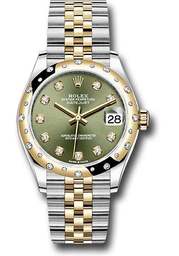 Rolex Steel and Yellow Gold Datejust 31 Watch - Domed Diamond Bezel - Olive Green Diamond Dial - Jubilee Bracelet - 278343