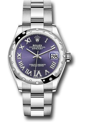 Rolex Steel and White Gold Datejust 31 Watch - Domed 24 Diamond Bezel - Aubergine Roman Diamond 6 Dial - Oyster Bracelet - 2020 Release - 278344RBR