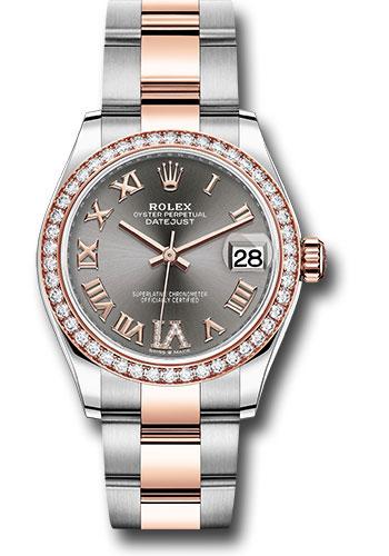 Rolex Steel and Everose Gold Datejust 31 Watch - 46 Diamond Bezel - Dark Rhodium Diamond Roman VI Dial - Oyster Bracelet - 278381RBR