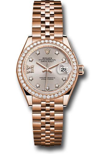 Rolex Everose Gold Lady-Datejust 28 Watch - 44 Diamond Bezel - Silver Sundust Diamond Star Dial - Jubilee Bracelet - 279135RBR