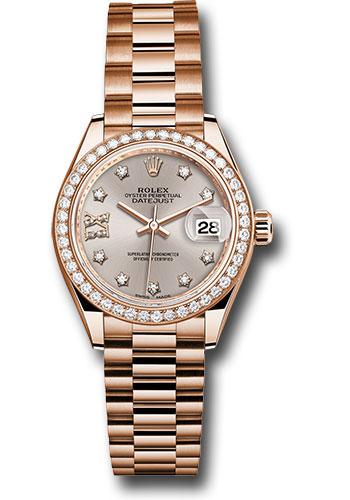 Rolex Everose Gold Lady-Datejust 28 Watch - 44 Diamond Bezel - Silver Sundust Diamond Star Dial - President Bracelet - 279135RBR