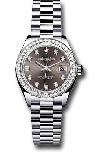 Rolex Platinum Lady-Datejust 28 Watch - 44 Diamond Bezel - Dark Grey Diamond Dial - President Bracelet - 279136RBR