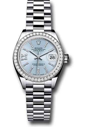 Rolex Platinum Lady-Datejust 28 Watch - 44 Diamond Bezel - Ice Blue Diamond Index Dial - President Bracelet - 279136RBR