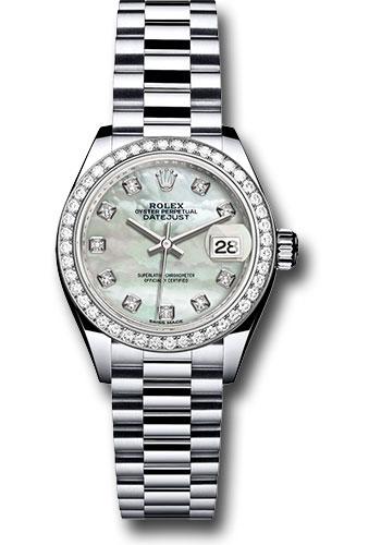 Rolex Platinum Lady-Datejust 28 Watch - 44 Diamond Bezel - Mother-of-Pearl Diamond Dial - President Bracelet - 279136RBR