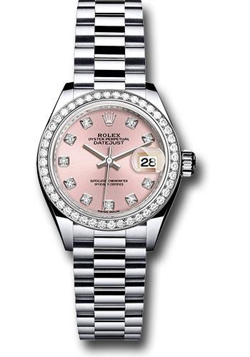 Rolex Platinum Lady-Datejust 28 Watch - 44 Diamond Bezel - Pink Diamond Dial - President Bracelet - 279136RBR