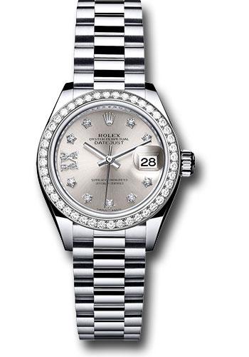 Rolex Platinum Lady-Datejust 28 Watch - 44 Diamond Bezel - Silver Diamond Star Dial - President Bracelet - 279136RBR