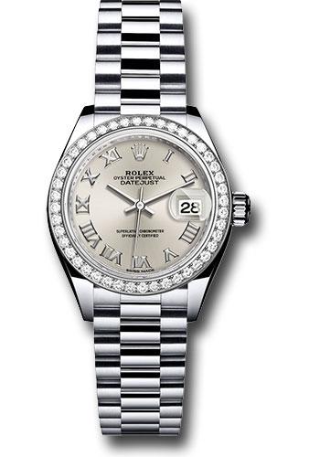 Rolex Platinum Lady-Datejust 28 Watch - 44 Diamond Bezel - Silver Roman Dial - President Bracelet - 279136RBR