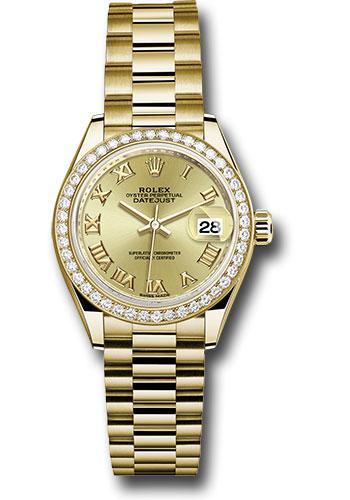 Rolex Yellow Gold Lady-Datejust 28 Watch - 44 Diamond Bezel - Champagne Roman Dial - President Bracelet - 279138RBR