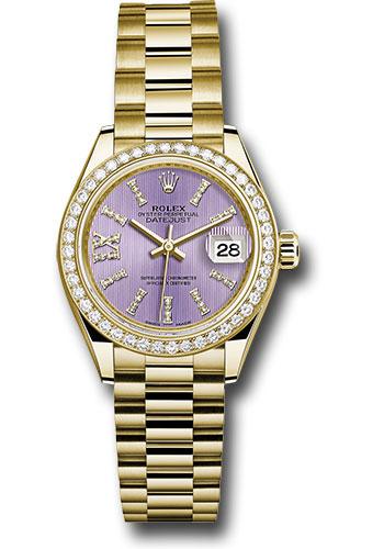 Rolex Yellow Gold Lady-Datejust 28 Watch - 44 Diamond Bezel - Lilac Stripe Diamond Index Dial - President Bracelet - 279138RBR