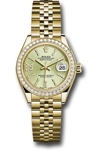 Rolex Yellow Gold Lady-Datejust 28 Watch - 44 Diamond Bezel - Linden Green Strip Diamond Index Dial - Jubilee Bracelet - 279138RBR
