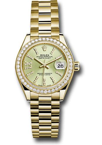 Rolex Yellow Gold Lady-Datejust 28 Watch - 44 Diamond Bezel - Linden Green Strip Diamond Index Dial - President Bracelet - 279138RBR