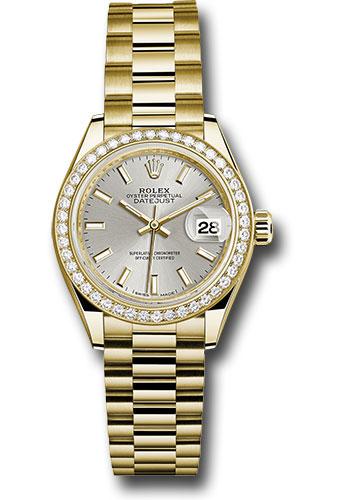 Rolex Yellow Gold Lady-Datejust 28 Watch - 44 Diamond Bezel - Silver Index Dial - President Bracelet - 279138RBR