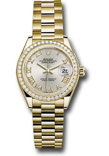 Rolex Yellow Gold Lady-Datejust 28 Watch - 44 Diamond Bezel - Silver Roman Dial - President Bracelet - 279138RBR