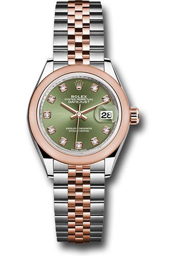 Rolex Steel and Everose Gold Rolesor Lady-Datejust 28 Watch - Domed Bezel - Olive Green Diamond Dial - Jubilee Bracelet - 279161