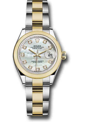 Rolex Steel and Yellow Gold Rolesor Lady-Datejust 28 Watch - Domed Bezel - White Mother-Of-Pearl Diamond Dial - Oyster Bracelet - 279163