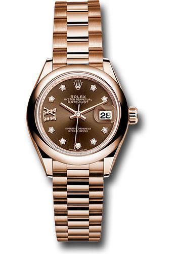 Rolex Everose Gold Lady-Datejust 28 Watch - Domed Bezel - Chocolate Diamond Star Dial - President Bracelet - 279165