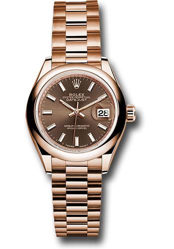 Rolex Everose Gold Lady-Datejust 28 Watch - Domed Bezel - Chocolate Index Dial - President Bracelet - 279165