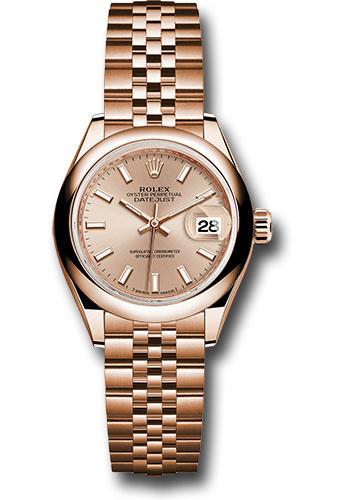 Rolex Everose Gold Lady-Datejust 28 Watch - Domed Bezel - Pink Sundust Index Dial - Jubilee Bracelet - 279165