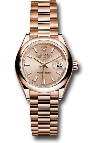 Rolex Everose Gold Lady-Datejust 28 Watch - Domed Bezel - Pink Sundust Index Dial - President Bracelet - 279165