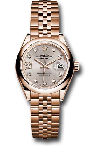 Rolex Everose Gold Lady-Datejust 28 Watch - Domed Bezel - Silver Sundust Diamond Star Dial - Jubilee Bracelet - 279165