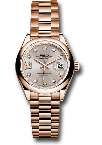 Rolex Everose Gold Lady-Datejust 28 Watch - Domed Bezel - Silver Sundust Diamond Star Dial - President Bracelet - 279165