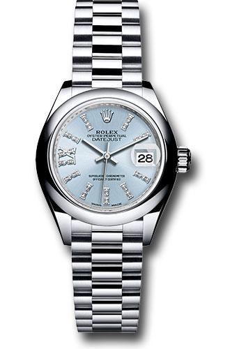 Rolex Platinum Lady-Datejust 28 Watch - Domed Bezel - Ice Blue Diamond Index Dial - President Bracelet - 279166