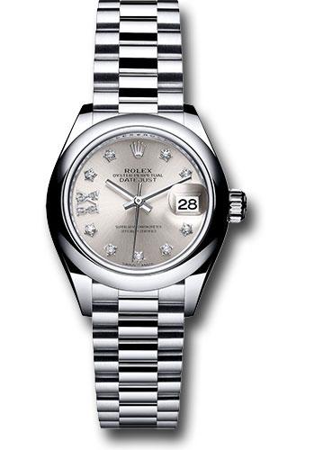 Rolex Platinum Lady-Datejust 28 Watch - Domed Bezel - Silver Diamond Star Dial - President Bracelet - 279166