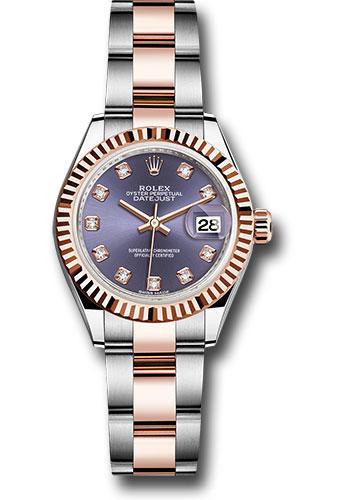 Rolex Steel and Everose Gold Rolesor Lady-Datejust 28 Watch - Fluted Bezel - Aubergine Diamond Dial - Oyster Bracelet - 279171